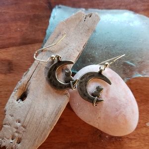 Handmade Rustic Bronze Cat Sitting on the Moon Earrings